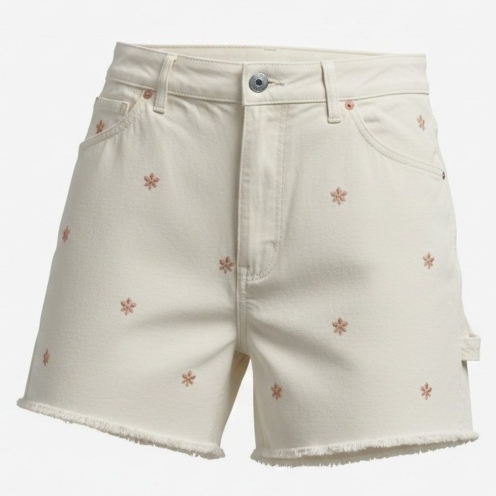 American Eagle 90s Boyfriend Shorts Womens 16 Cream Floral Embroidered Carpenter